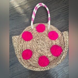 NEW Round Pom Pom Festival Straw Handle Bag Mud Pie